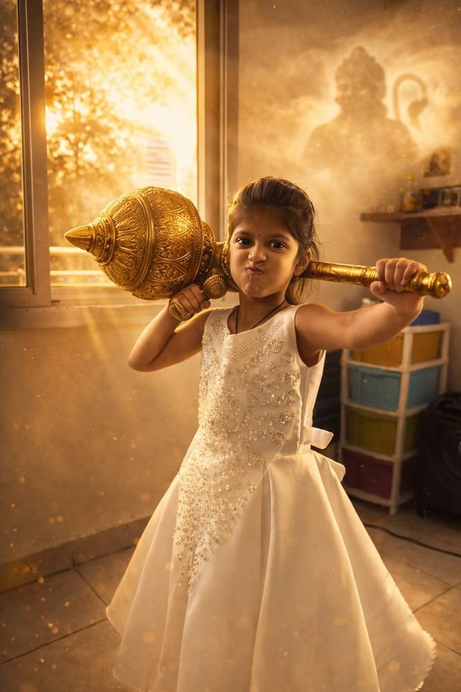 A girl striking a pose with Hanuman's golden gada