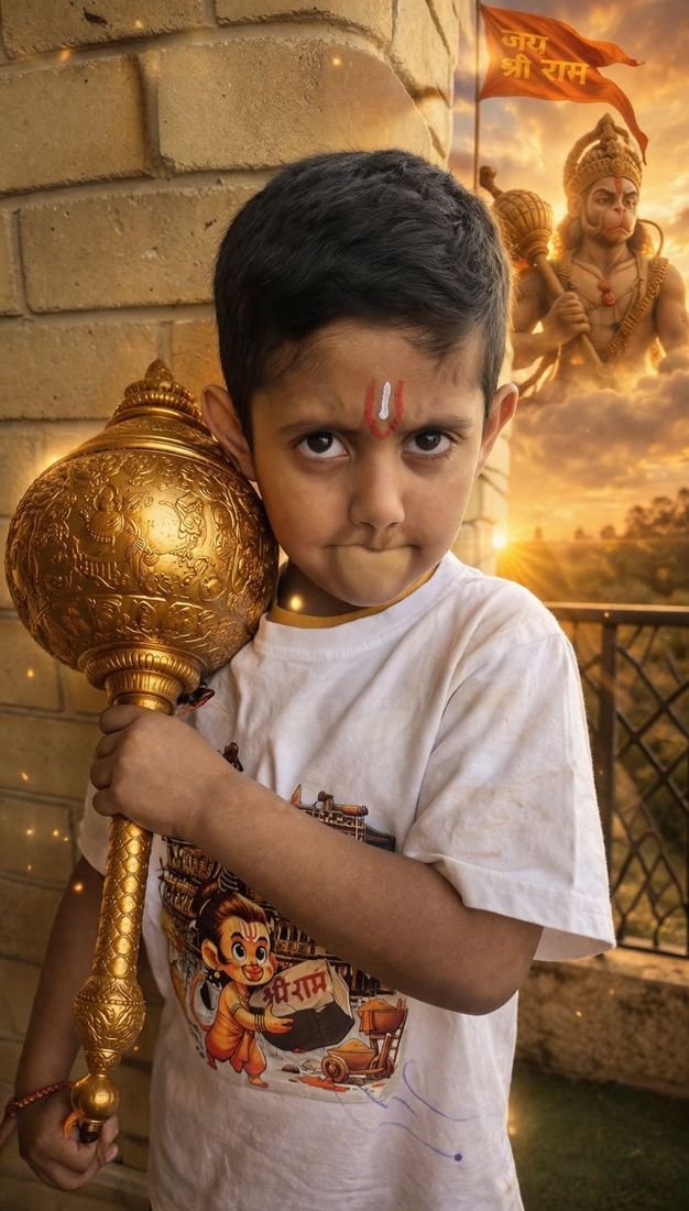 A young boy as Hanuman, holding a golden gada