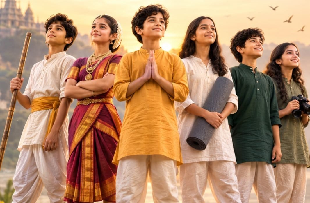 Six children in traditional dress at sunrise, looking towards the future